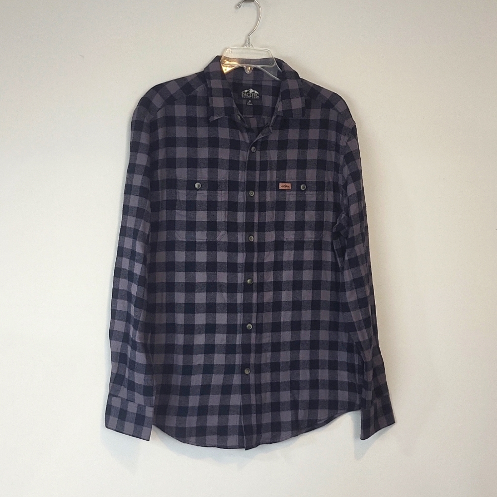 PACIFIC OUTFITTERS Black Gray Buffalo Check Plaid Cotton Flannel Button Down